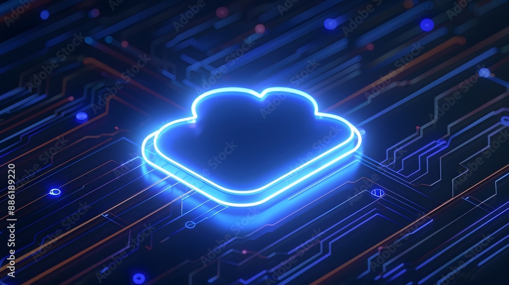 Poster futuristic neon cloud icon on a digital circuit board, representing cloud computing and advanced tec