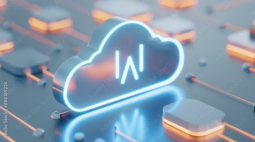 Poster futuristic neon cloud icon on a digital circuit board representing data storage, cloud computing, an
