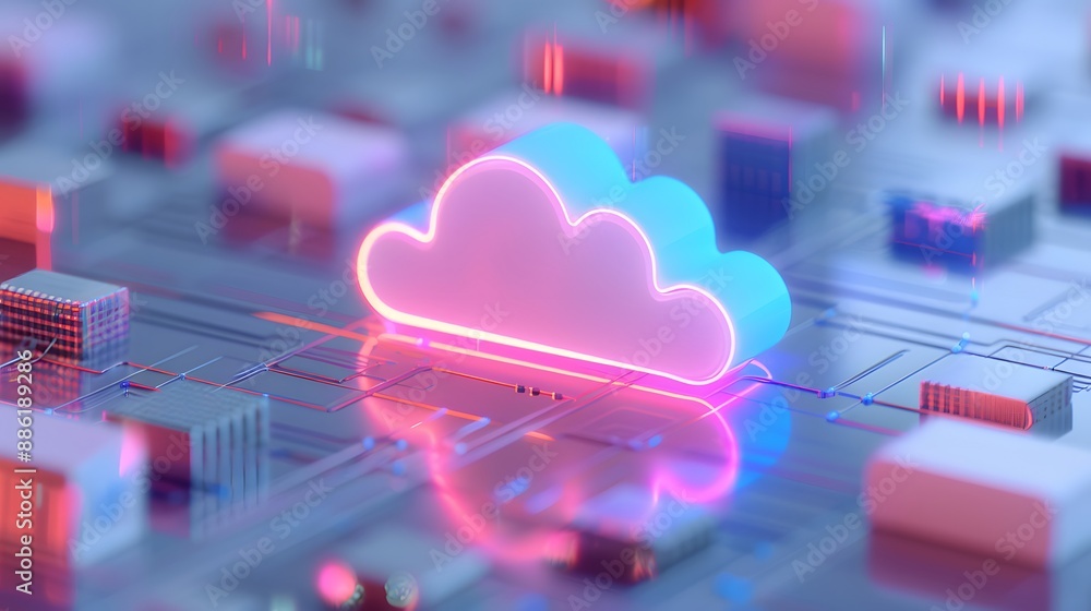 Poster futuristic neon cloud icon on a digital circuit board, symbolizing cloud computing technology and ad