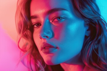 Obraz premium Portrait of a young woman with perfect skin illuminated by blue and pink lights
