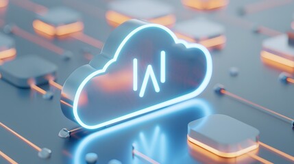 Futuristic neon cloud icon on a digital circuit board representing data storage, cloud computing, and technology innovation. 3D Illustration.