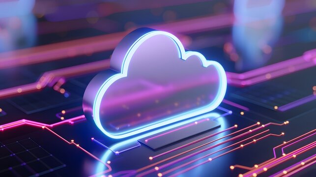 Futuristic neon cloud icon on a digital circuit board, representing cloud computing and data storage technology. 3D Illustration.