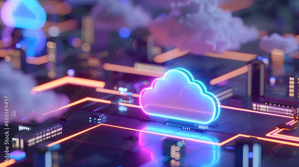 Poster futuristic neon cloud icon representing cloud computing in a vibrant digital landscape with glowing 