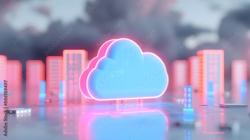 Poster futuristic neon cloud icon with cityscape background representing cloud computing and technology in 