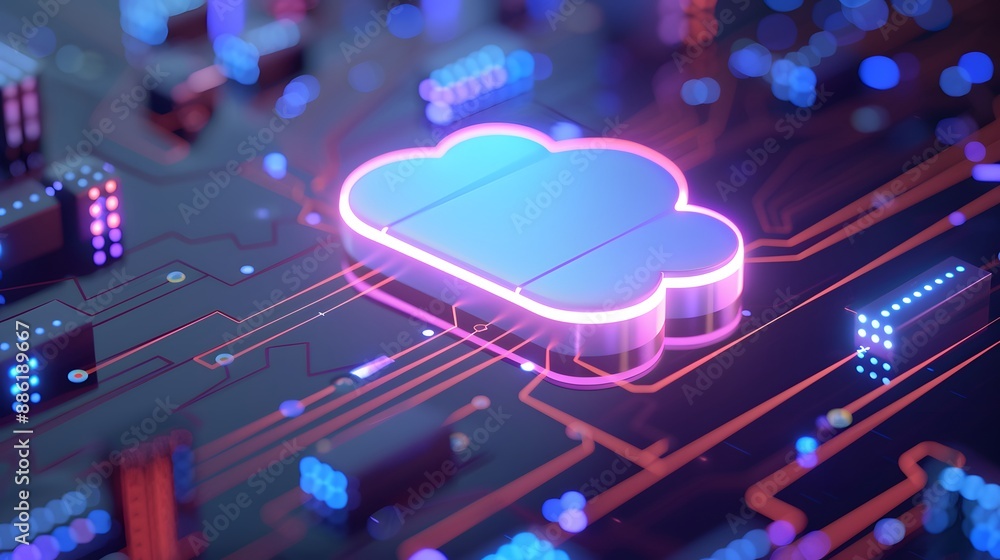 Poster futuristic neon cloud symbol on a circuit board representing cloud computing technology and data sto