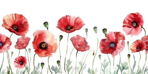 Fototapeta premium Watercolor Design Featuring Red Poppies for Textiles, Invitations, and Interior Decoration. Concept Red Poppies, Watercolor Design, Textiles, Invitations, Interior Decoration