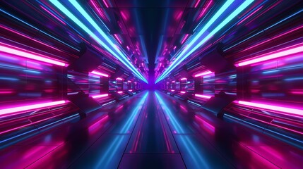 Fototapeta premium Futuristic Corridor with Purple and Blue Neon Lights - Generative AI Abstract Background