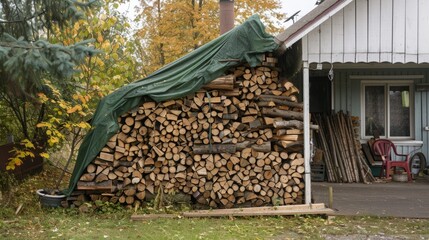 Large Stack of Firewood Logs Against House Side, Covered with Tarp for Protection, Ensures Dry, Seasoned Wood for Winter, Ideal for Efficient Heating