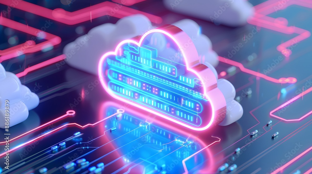Poster futuristic neon glowing cloud computing concept with digital circuitry and data transfer illustratio