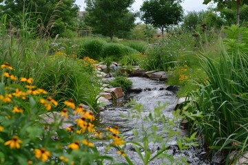 Summer day water garden with lush vegetation and flowing stream