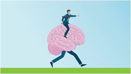 Man riding on running brain and set the direction. Dimension 16:9. Vector illustration.
