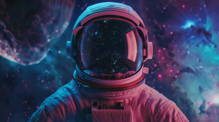 Front view astronaut potrait. Astronaut in space suit with galaxy and nebula reflection in helmet glass