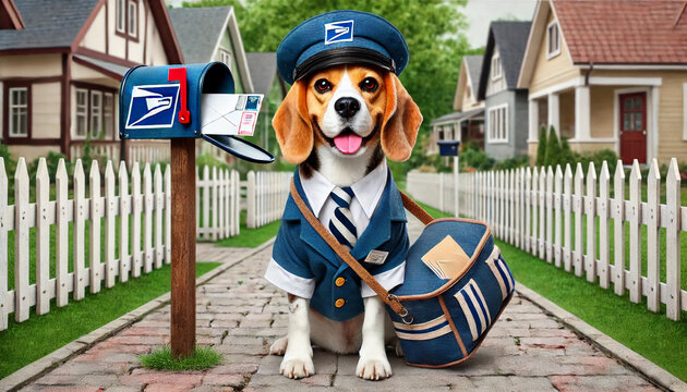 A beagle dressed as a postal worker beside a mailbox.
