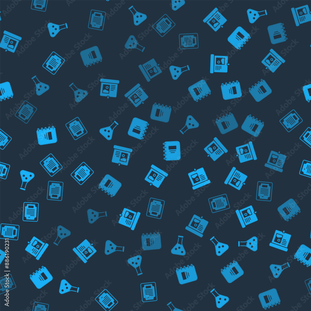 Poster set test tube, projection screen, notebook and certificate template on seamless pattern. vector