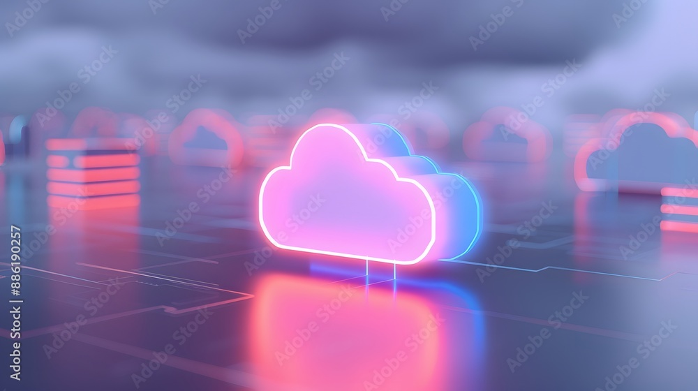 Poster futuristic neon-lit cloud symbolizing digital cloud computing and data storage over a dark, tech-ins