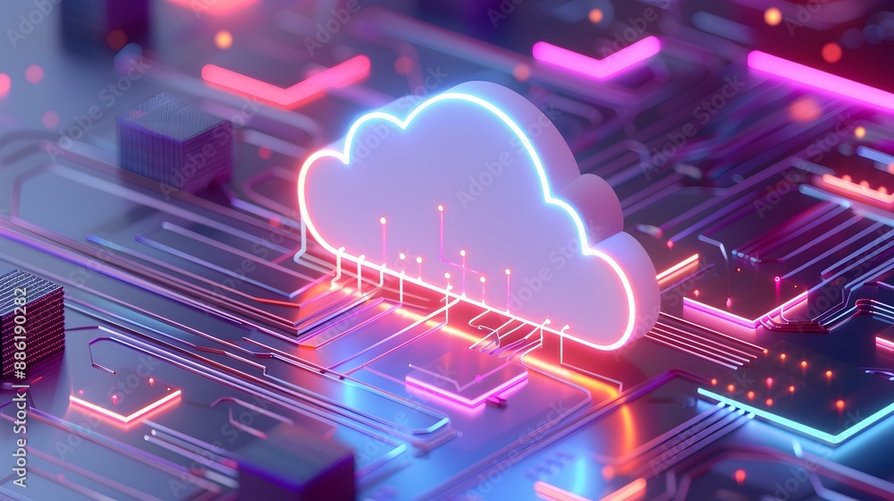 Aufkleber futuristic neon-lit cloud computing icon on a circuit board, symbolizing digital technology and data