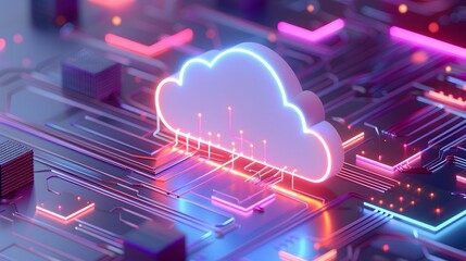 Futuristic neon-lit cloud computing icon on a circuit board, symbolizing digital technology and data storage. 3D Illustration.