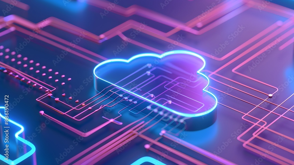 Poster futuristic representation of cloud computing technology with neon circuits and a glowing cloud icon 