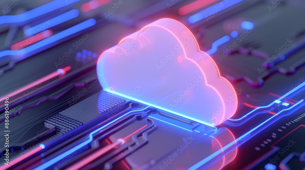 Poster futuristic representation of cloud computing technology with neon lights and circuit board backgroun