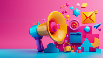 Vibrant  megaphone various marketing buzzwords like SEO social media  public relations Concept Marketing Trends