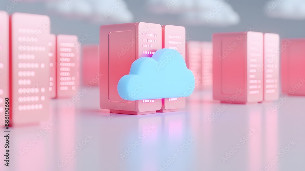 Poster futuristic server room with blue cloud icon, illustrating cloud computing and data storage concepts 