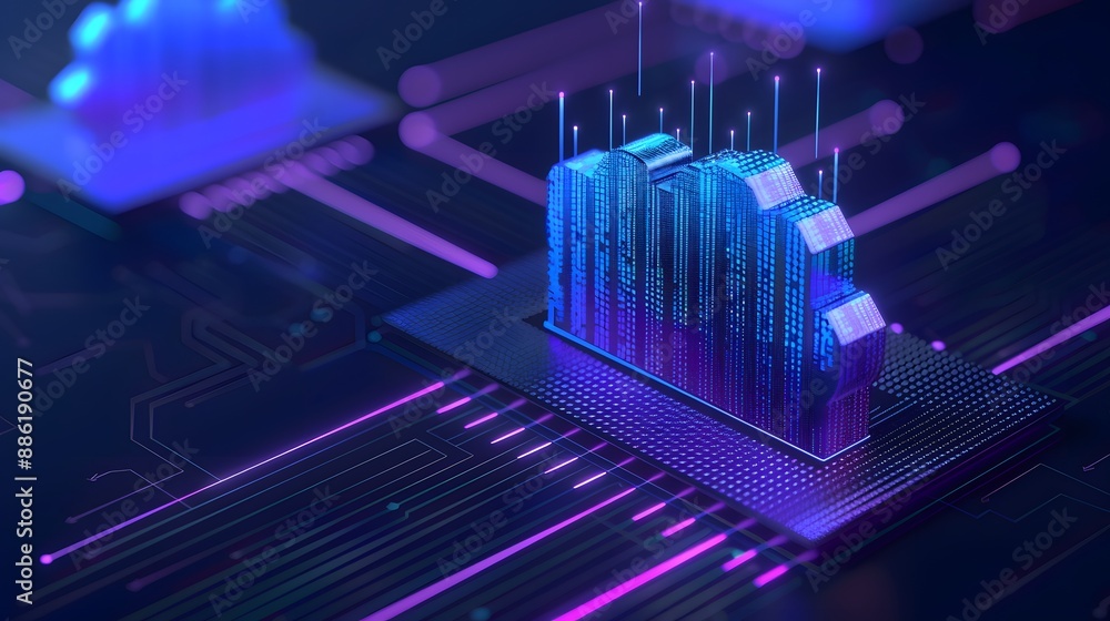 Poster futuristic technology concept with glowing microchips and circuits, depicting advanced computing and