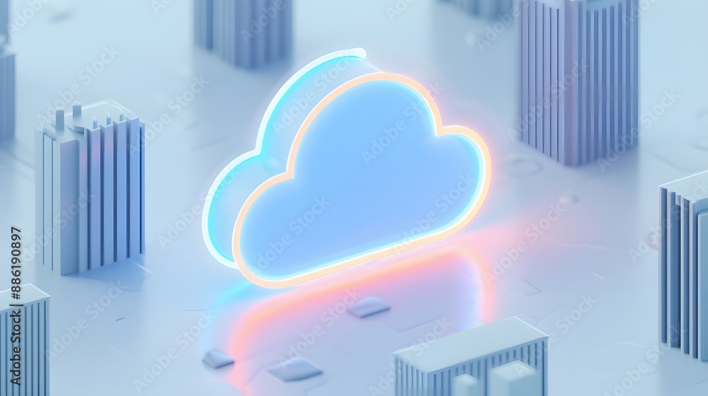 Poster glowing neon cloud icon in tech cityscape, representing cloud computing and technology in a futurist