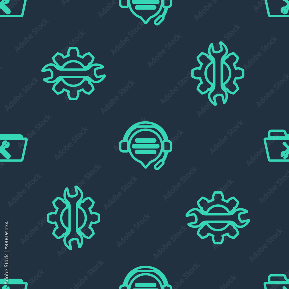 Poster set line headphones with speech bubble chat, wrench and gear and folder service on seamless pattern.