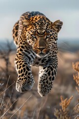 Leopard Leaping in Golden Savannah with Intense Focus and Grace