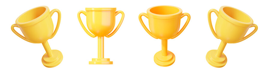 3d set of realistic yellow trophy cup with different angles. Stock vector illustration on isolated background.	
