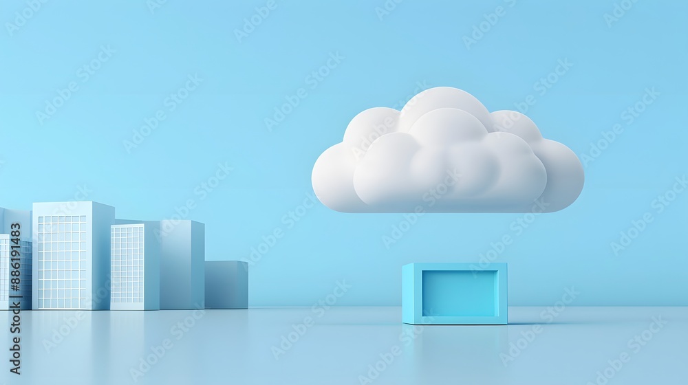 Poster minimalist cloud computing concept with a floating cloud and blue box against modern cityscape backg