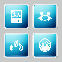 Set line Monitor with cardiogram, Crab, Sesame seeds and Face in protective mask icon. Vector