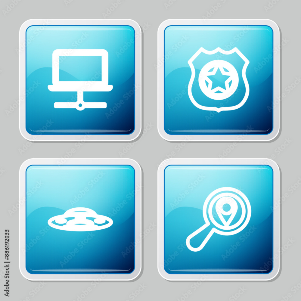 Aufkleber set line computer network, police badge, ufo flying spaceship and search location icon. vector
