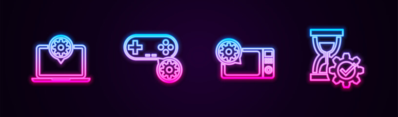 Set line Laptop setting, Gamepad, Microwave oven and Hourglass. Glowing neon icon. Vector