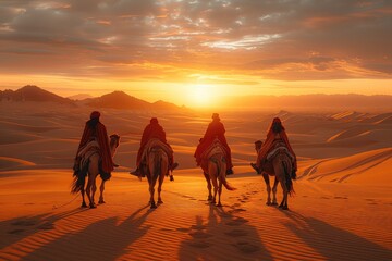 Desert Camel Caravan Journey at Sunset