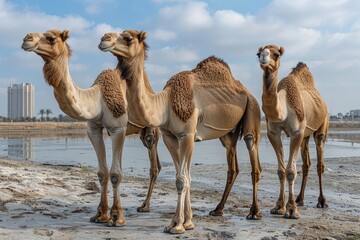 Obraz premium Three camels standing in the desert looking at the camera