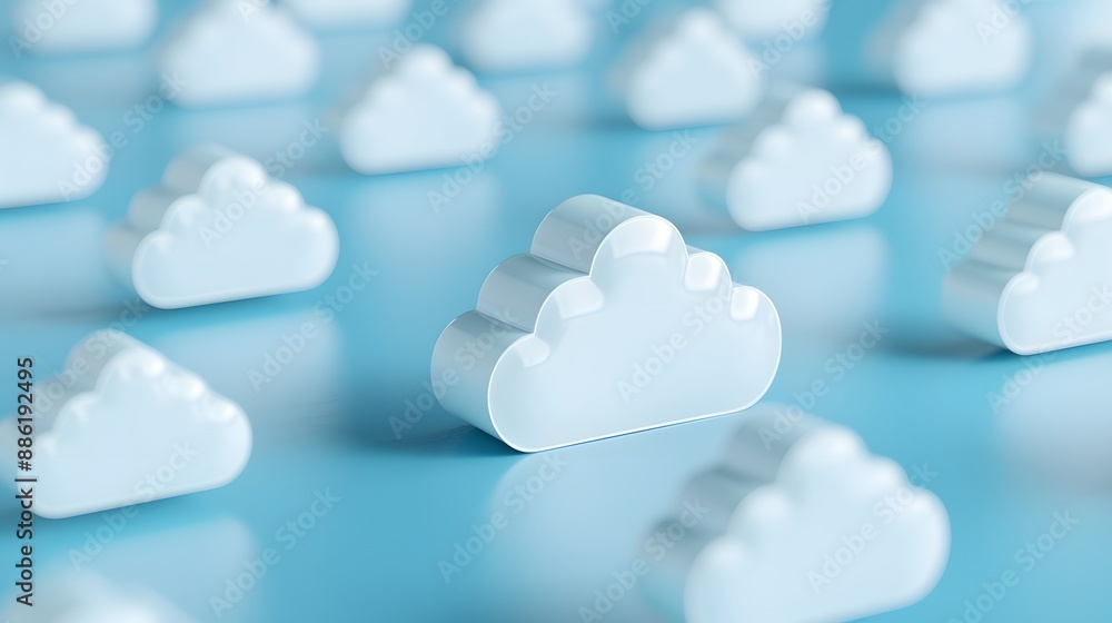 Poster multiple white cloud icons on a blue background symbolize modern cloud computing and online data sto