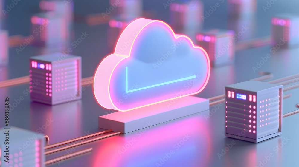 Poster neon cloud computing concept with server units connected in futuristic cyber environment, representi