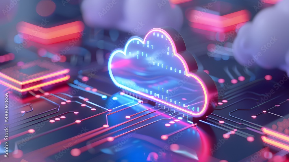 Poster neon cloud computing icon on a digital circuit board, symbolizing modern data storage and technology