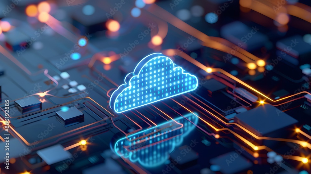 Poster neon cloud computing icon on a futuristic circuit board, representing online storage, data networkin
