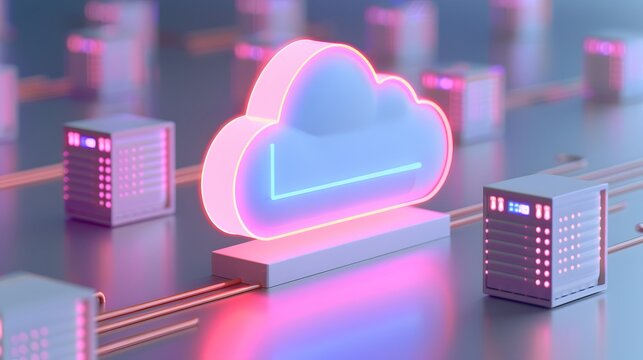 Neon cloud computing concept with server units connected in futuristic cyber environment, representing data storage and technology solutions. 3D Illustration.