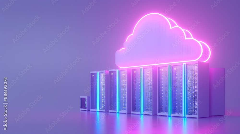 Poster neon cloud icon above servers. concept of cloud computing, digital storage, and modern data technolo