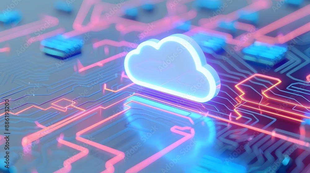 Poster neon cloud icon on a circuit board representing cloud computing technology, data storage, and digita