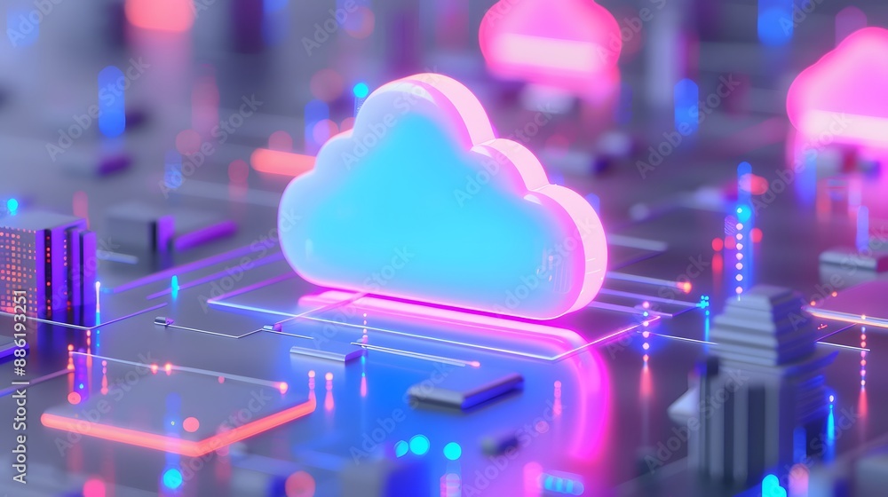 Poster neon cloud icon on futuristic circuit board, representing cloud computing and digital data storage i