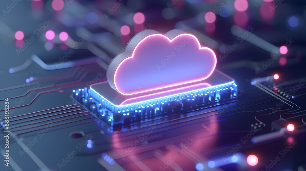 Poster neon cloud icon over digital circuit board, representing cloud computing and technology integration 