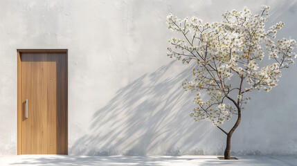 Minimalistic scene of a blossoming tree and wooden door against a white wall