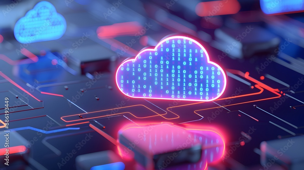 Poster neon cloud icon representing cloud computing technology on a circuit board, illustrating data storag