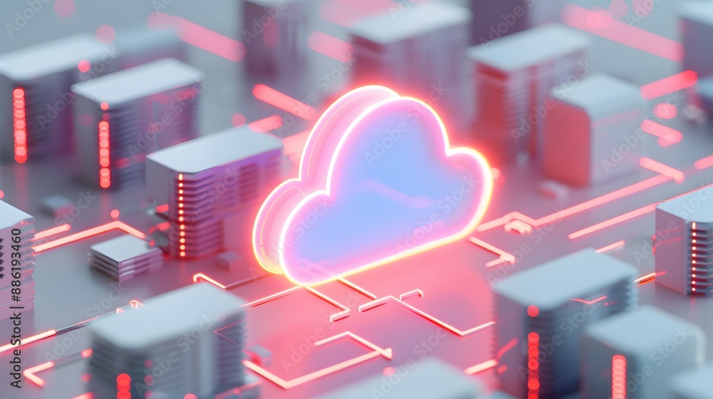 Poster neon cloud icon representing cloud computing technology on a futuristic circuit board, highlighting 