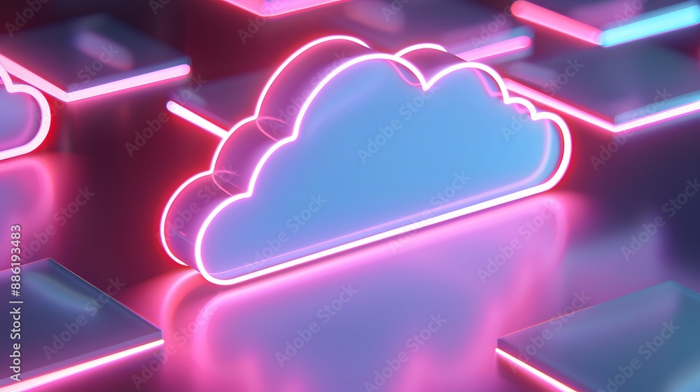 Poster neon cloud icon representing cloud computing technology with reflective surfaces and futuristic glow
