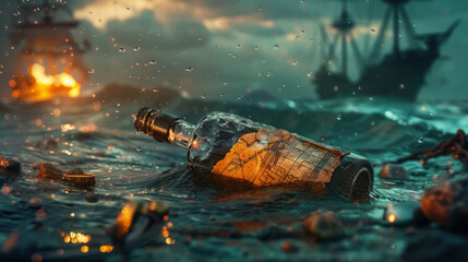 A bottle with a map inside is floating towards a pirate ship, hinting at a hidden treasure.